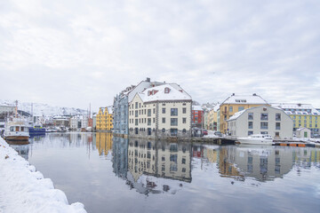 The Jugend city Aalesund (Ålesund) harbor on a beautiful cold winter's day. Møre and Romsdal county	

