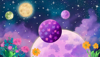 night landscape with stars and clouds beautiful space scene with a purple and pink planet and four moons. The planet has flowers