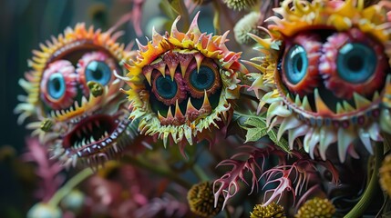 Scary strange flowers with sharp teeth and eyes. Carnivorous predatory plant. Horror haunted and creepy curly flytraps.