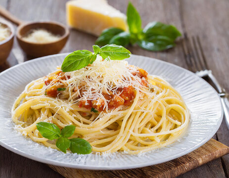 Spaghetti pasta with parmesan on plate
