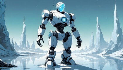 A futuristic AI robot holding a frosty Earth symbolizes reflection on environmental impacts in a modern, digital era - obrazy, fototapety, plakaty