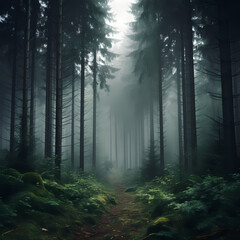 A mysterious forest with fog and tall trees.