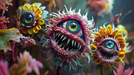 Scary smiling laughing flowers with sharp teeth and eyes. Carnivorous predatory plant. Horror...