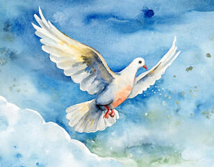 the dove is flying in the air; sky with clouds; watercolor background