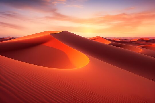 Surreal Desert Dunes at Dusk: A mesmerizing image of sand dunes stretching into the horizon, bathed in the warm glow of the setting sun.

