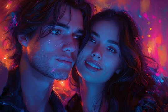 couple lover woman and man cuddle together in light glow and bokeh reflection, idea for online love and dating concept, Generative Ai