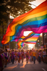 Participants in a pride parade carry a large rainbow flag through the city streets at sunset, a symbol of LGBTQ+ solidarity and celebration.
