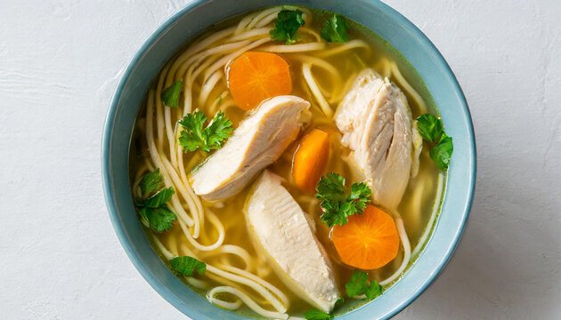 top down photo of chicken noodle soup in bowl on isolated white background with copy space