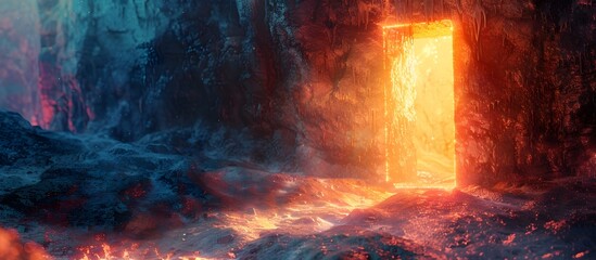 Glowing Door Leading to a Lava Filled Cave, To convey a sense of adventure and mystery into the unknown world of fire and danger