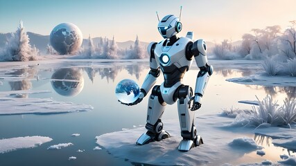 A futuristic AI robot holding a frosty Earth symbolizes reflection on environmental impacts in a modern, digital era