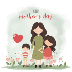 Happy mothers day greeting illustration of a mother with two children holding a red heart shaped balloon