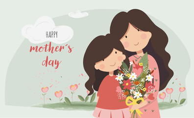 Cute vector illustration of a mother receiving a bouquet of flowers from her daughter