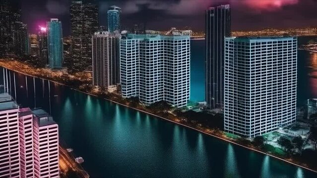 Animation of the city of Miami, Florida from the air at night