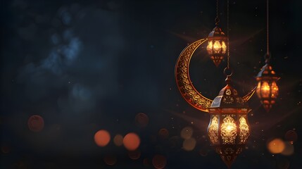 ramadan islamic greeting card of crescent moon decoration and lanterns with copy space area banner