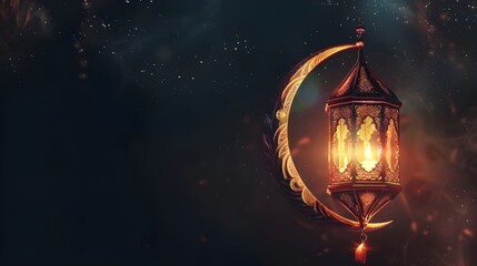 ramadan islamic greeting card of crescent moon decoration and lanterns with copy space area banner