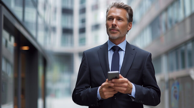 businessman in a suit holding a smartphone. He is standing in an urban environment with modern buildings part of an office