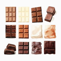 different flavor chocolate pieces isolated on white background