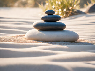 Fototapeta na wymiar Stack of zen stones on sand dune. Zen concept.