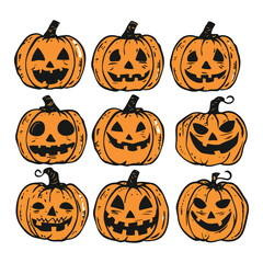 set of Halloween pumpkins on white background