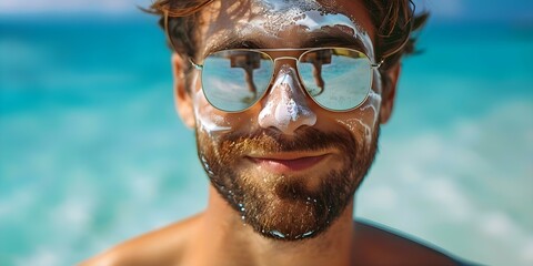 Hispanic man applying sunscreen on sunny beach day to protect skin. Concept Beach Day, Sun Protection, Skincare, Hispanic Man, Healthy Habits - Powered by Adobe