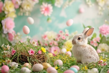 Fototapeta na wymiar Easter Bliss: Bunny, Eggs, and Flowered Lawn Delight