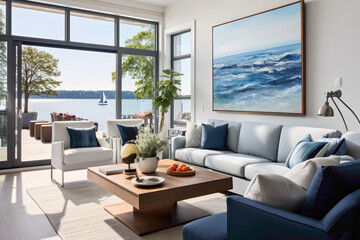 Nautical elegance meets summer warmth in a living space featuring coral accents, navy throw pillows, and panoramic windows that invite the beauty of the outdoors inside