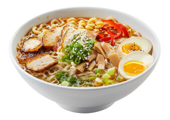 Hearty bowl of spicy ramen with soft-boiled egg and fresh garnishes on transparent background - stock png.
