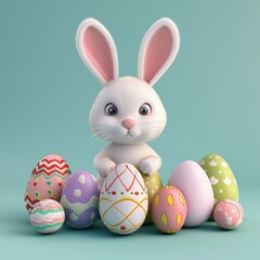 Easter bunny; colorful eggs; Easter; 3D illustration; holiday