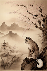 Cat Sitting On Cherry Blossom