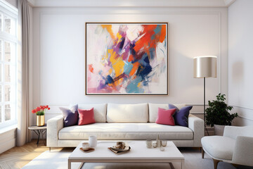 A contemporary living space with an empty white frame against a wall embellished with a vibrant, abstract painting, furnished with minimalist elements and subtle, colorful accents.