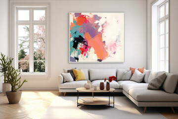 A contemporary living space with an empty white frame against a wall embellished with a vibrant, abstract painting, furnished with minimalist elements and subtle, colorful accents.