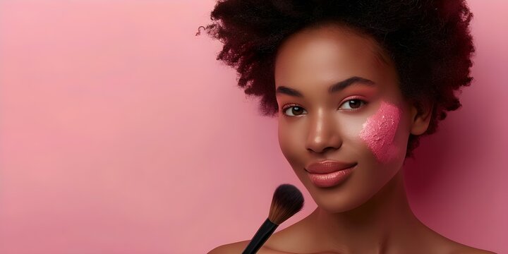 A young woman with dark skin using a brush to apply makeup. Concept Beauty, Makeup, Cosmetics, Skin Care, Black Women - Powered by Adobe