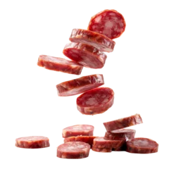 Foto op Plexiglas falling sliced sausage on a white background. With clipping path. © Alina
