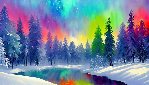 A surreal colorful aurora sky snowy forest and creek illustration like painting,Generative AI