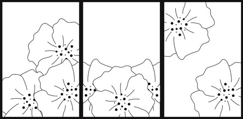 Hand drawn Summer Flowers card set. Simple black and white Floral postcard collection. Vector illustration. EPS 10 Editable stroke      