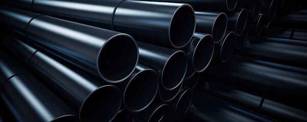 Glossy Steel Industrial Pipes Stacked in Warehouse