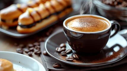 Fresh espresso coffee with delicious eclair