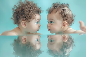 Against a backdrop of powder blue, the cutest little baby discovers their reflection in a mirror, creating an adorable moment of self-awareness. - obrazy, fototapety, plakaty