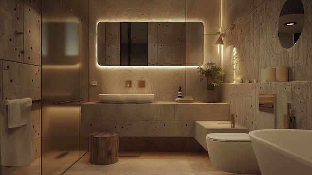 A bathroom with a masculine design