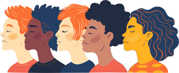 Side Profile View of Five Diverse Illustrated Characters - Transparent background, Cut out