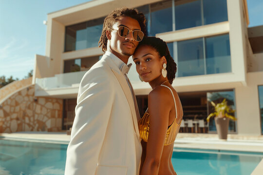 Portrait of a happy couple of billionaires outside their new mansion.