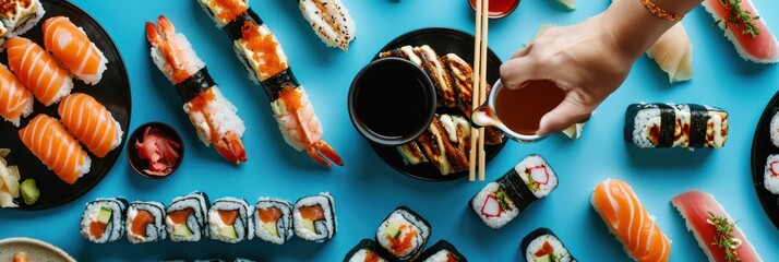 cropped view of woman holding chopsticks with sushi on blue background, panoramic shot. Japanese Cuisine Concept with Copy Space. Oriental Cuisine.
