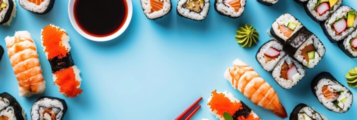 top view of delicious sushi rolls on blue background, panoramic shot. Japanese Cuisine Concept with Copy Space. Oriental Cuisine.