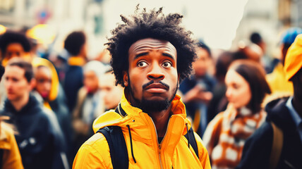 Portrait of confused looking African American man in yellow jacket and afro hair surrounded by crowd of people, diversity concept, background