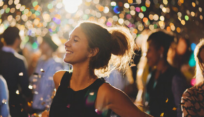 young woman dancing at a festival; colorful confetti
