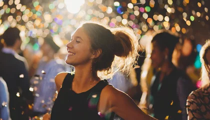 Gardinen young woman dancing at a festival  colorful confetti © Hanna