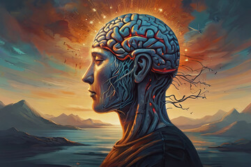 Surreal brain, mind, soul, and hope concept art. Illustration of imagination, mystery, and success....