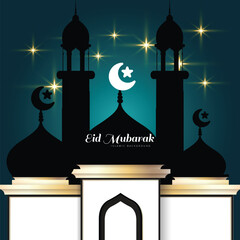 Blue color eid mubarak with candles and mosque background