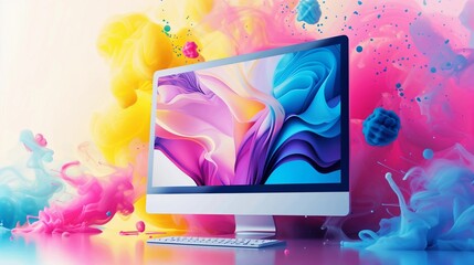 working place: laptop in colorful splash paint