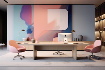 A contemporary office setup characterized by clean lines and a balanced blend of soft pastels and bold accent colors in the decor.